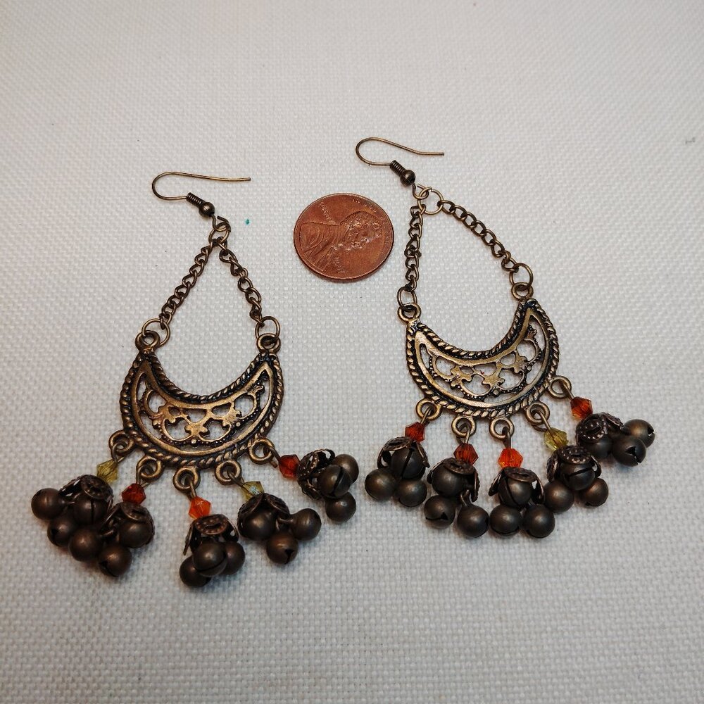 Boho Oxidized Silver Bell Dangle Earrings Crescent Filigree 3 Inch Drop